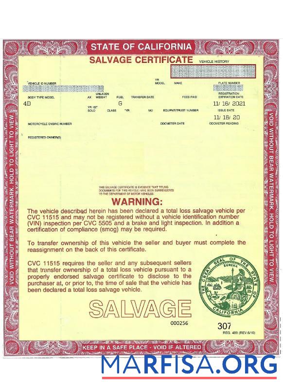 Realistic USA California salvage certificate of a vehicle real example